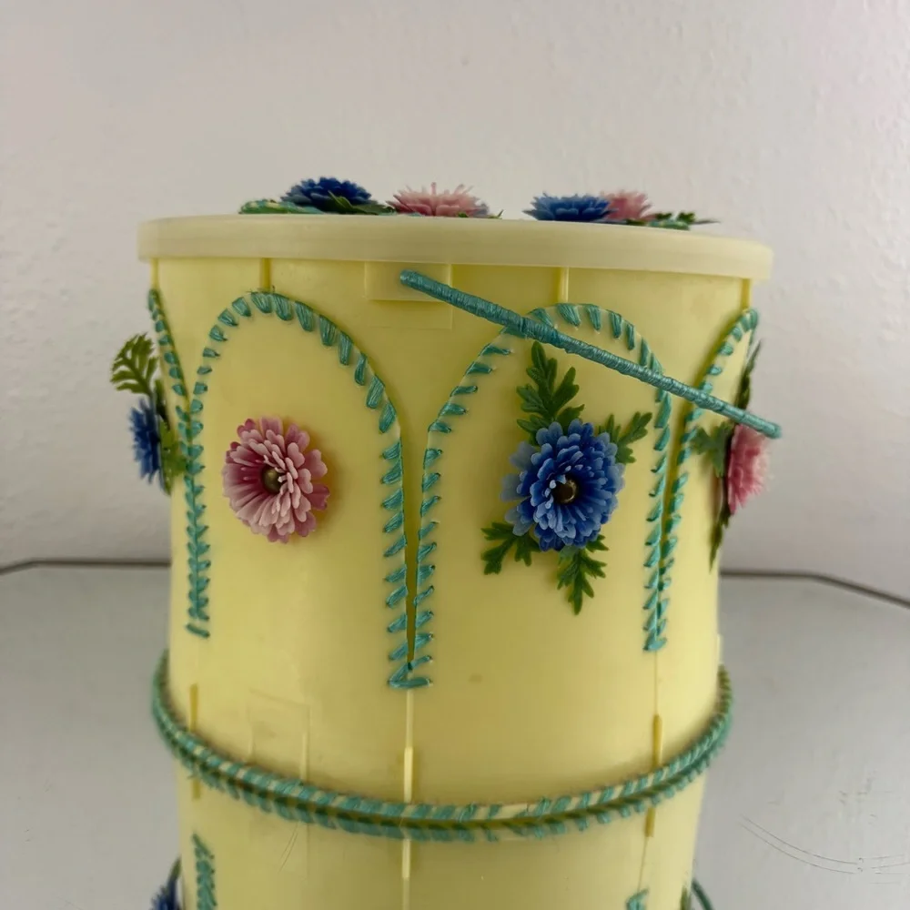 Vintage 70s Handmade Yellow Folk Art Kitschy Floral Ice Cream Bucket Container